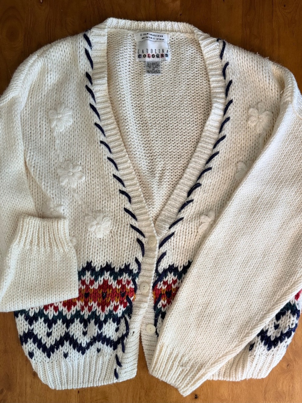 Carolina Colours Vintage 90s Fair Isle Floral Knit Cardigan Sweater Cream M 646